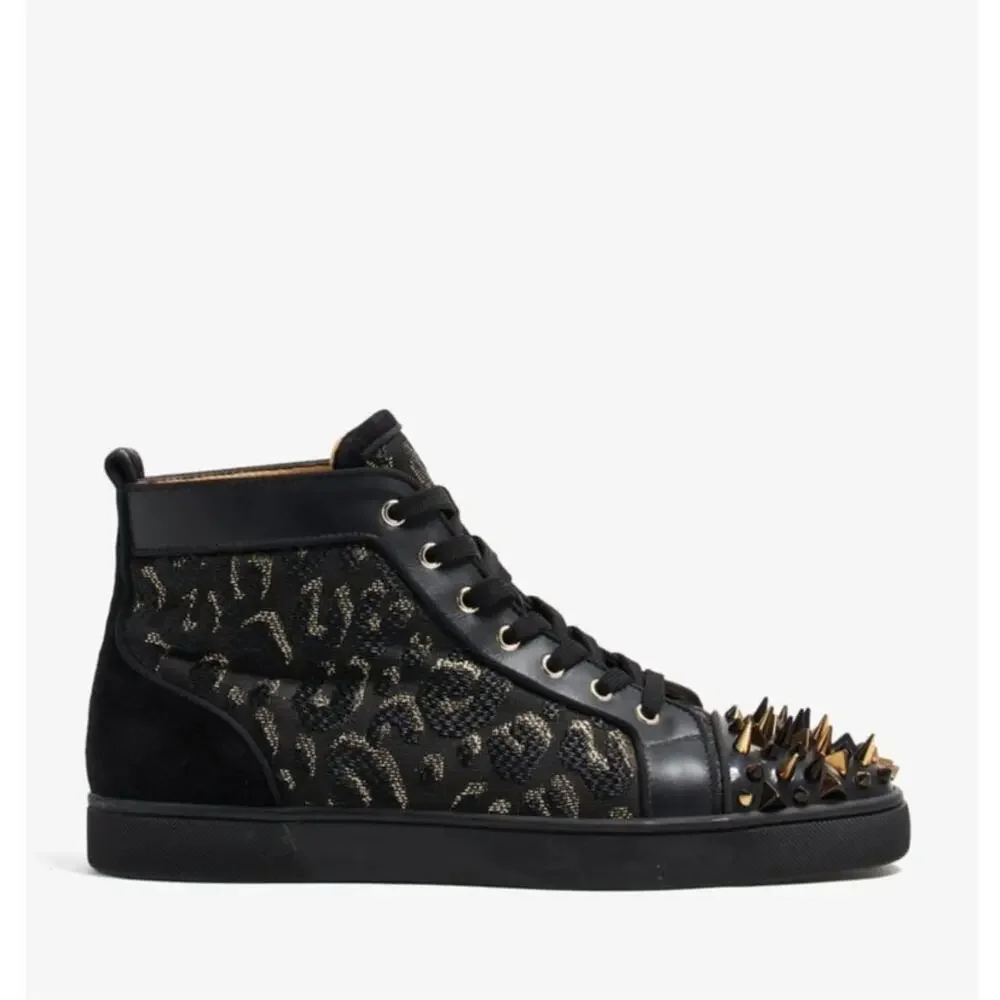 CHRISTIAN LOUBOUTIN Louis High Pik Jacquard Sneaker Black Gold Spike Sz 44/11